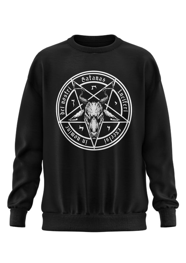Schwarzes Sweatshirt mit Pentagramm-Design und Totenkopfmotiv.