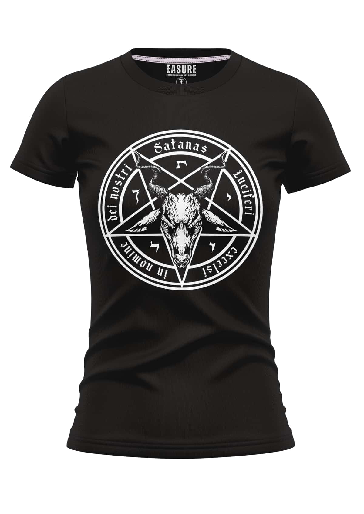 Schwarzes bitte gothic girly shirt satanas mit weißem pentagramm und ziegenkopf, lateintext und horror symbole