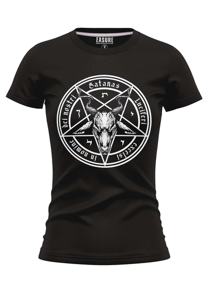 Schwarzes bitte gothic girly shirt satanas mit weißem pentagramm und ziegenkopf, lateintext und horror symbole