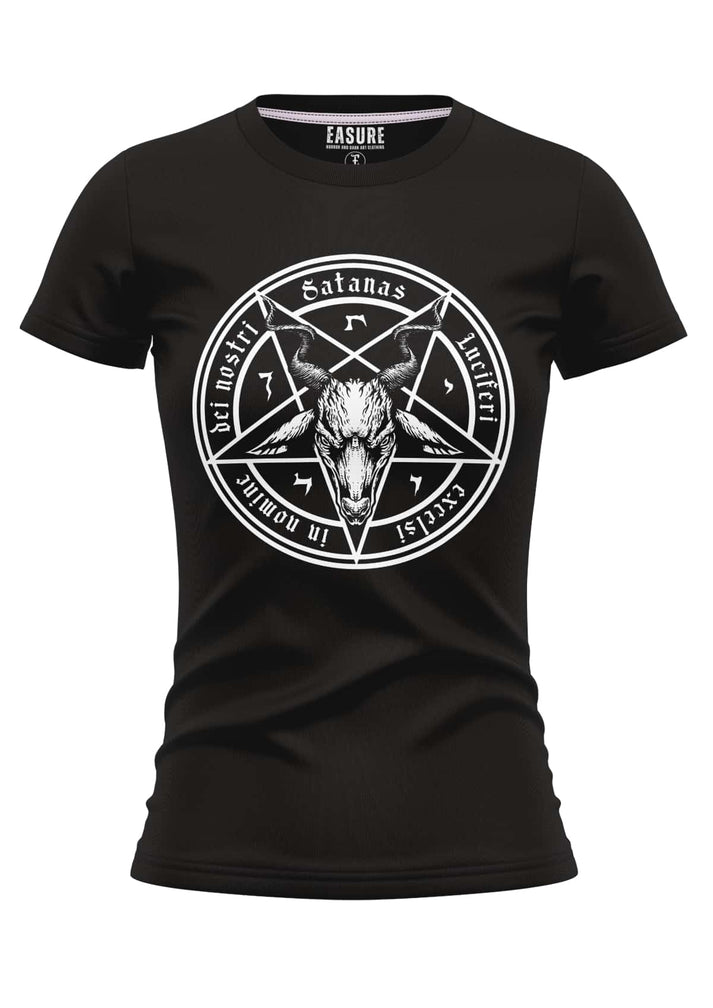 Schwarzes bitte gothic girly shirt satanas mit weißem pentagramm und ziegenkopf, lateintext und horror symbole