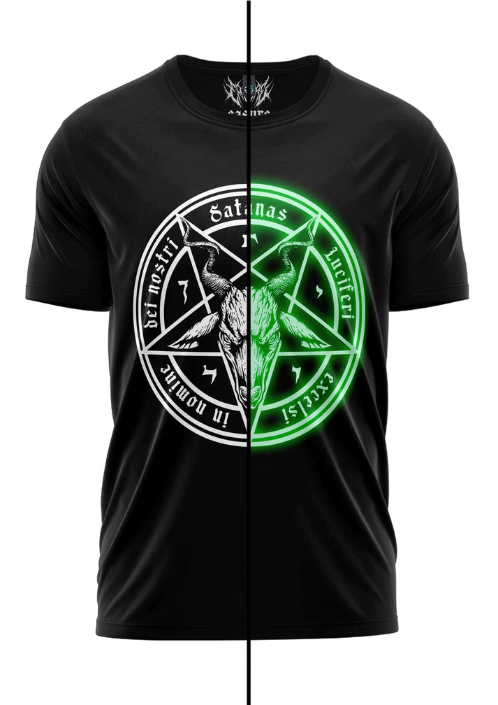 Schwarzes satanas shirt mit pentagramm und leuchtenden grünen details für düsteren eindruck aus gaia lizenzierter kleidung