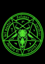 Neongrüner Pentagramm-Aufkleber mit Ziegenkopf-Design auf schwarzem Hintergrund.