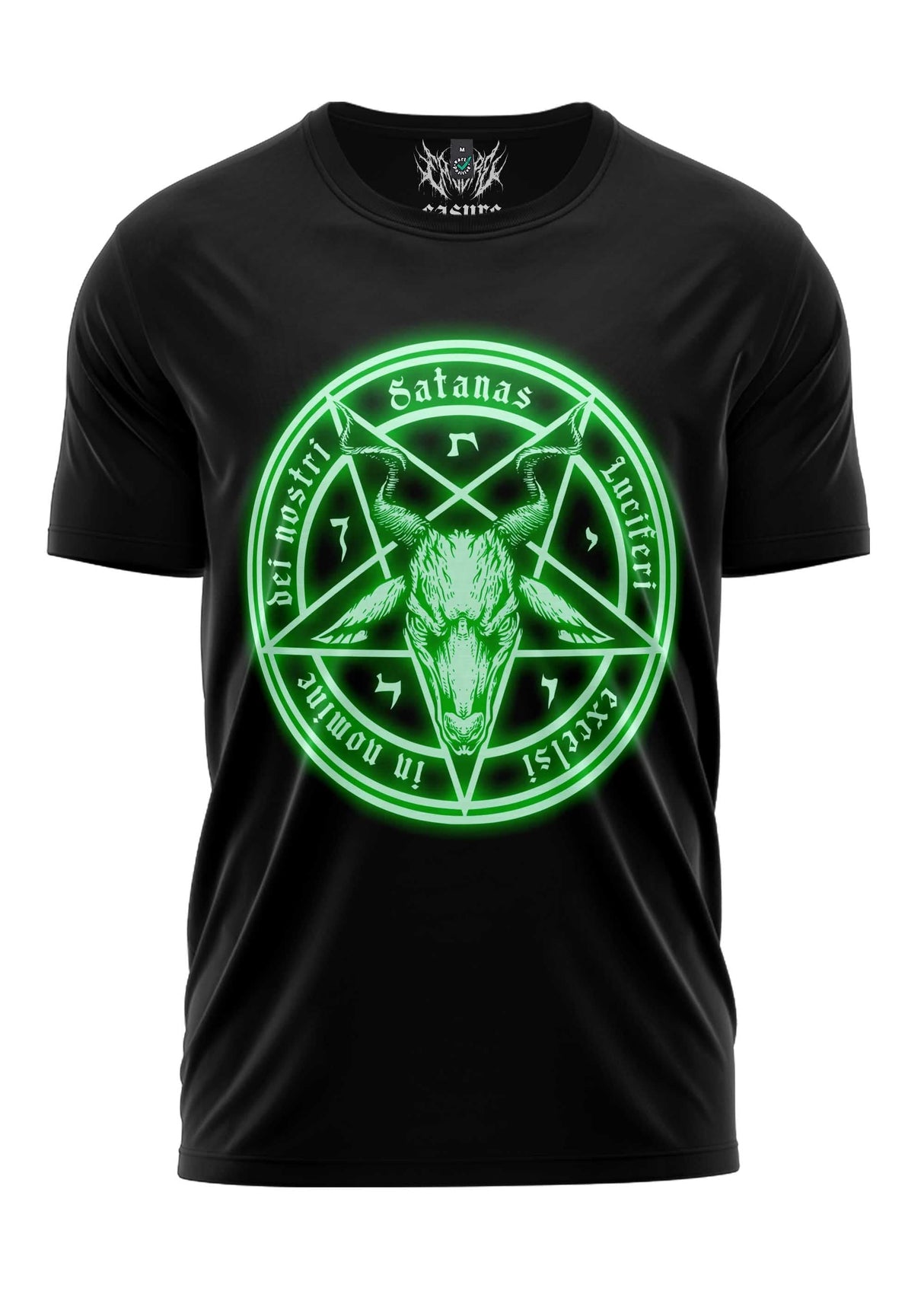 Schwarzes T-Shirt mit grün leuchtendem Pentagramm-Design und Text