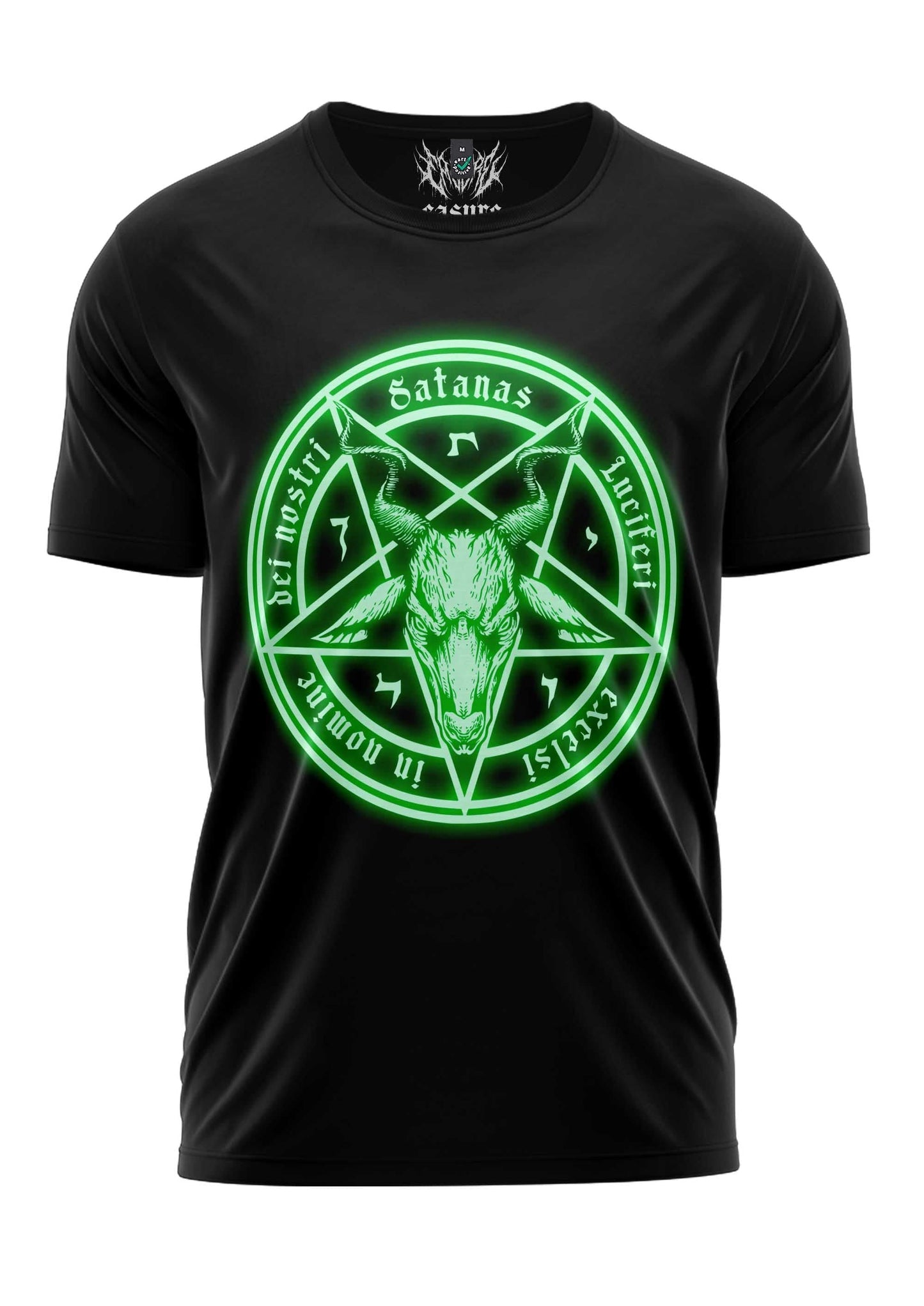 Schwarzes T-Shirt mit grün leuchtendem Pentagramm-Design und Text