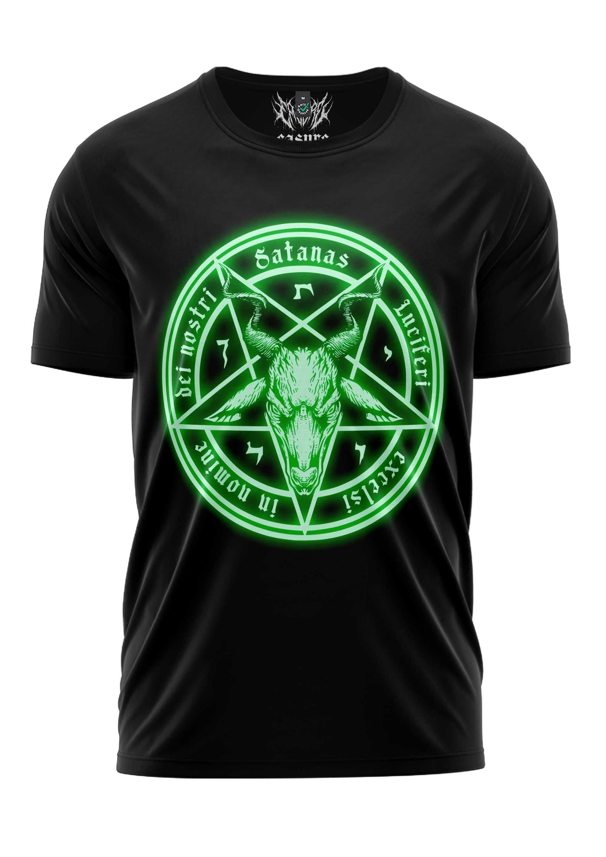 Schwarzes T-Shirt mit grün leuchtendem Pentagramm-Design und Text