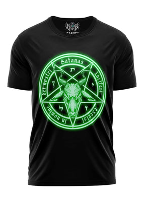 Schwarzes T-Shirt mit grün leuchtendem Pentagramm-Design und Text