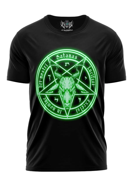 Schwarzes T-Shirt mit grün leuchtendem Pentagramm-Design und Text