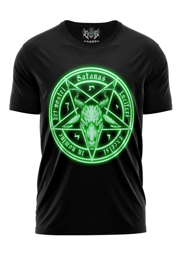 Schwarzes satanas shirt mit grün leuchtendem pentagramm und düsteren eindruck gaia lizenzierte kleidung