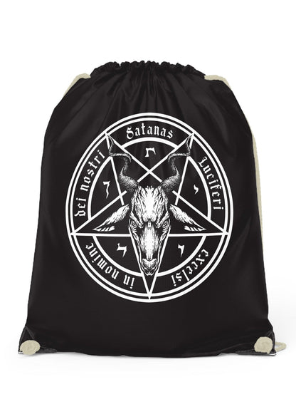 SATANAS Gym Bag: schwarze Tasche mit weißem Pentagramm, Ziegenkopf und Gothic-Design