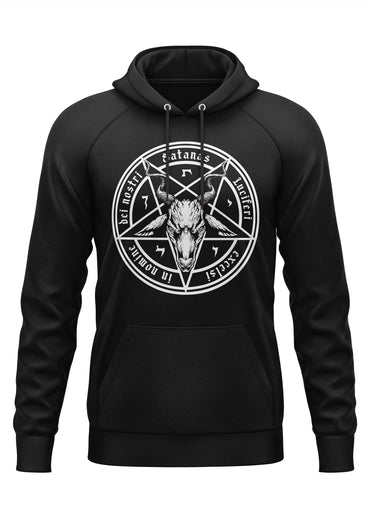 Schwarzer satanas hoodie mit weißem pentagramm, geitkopf und lateinischem text, gothic horror style