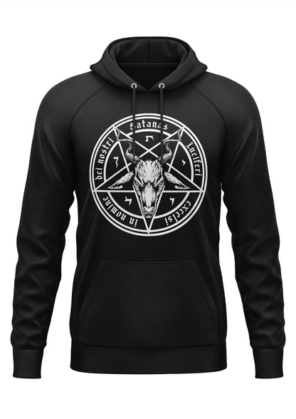 Schwarzer Gothic-Hoodie SATANAS mit weißem Pentagramm, Ziegenkopf und Lateintext