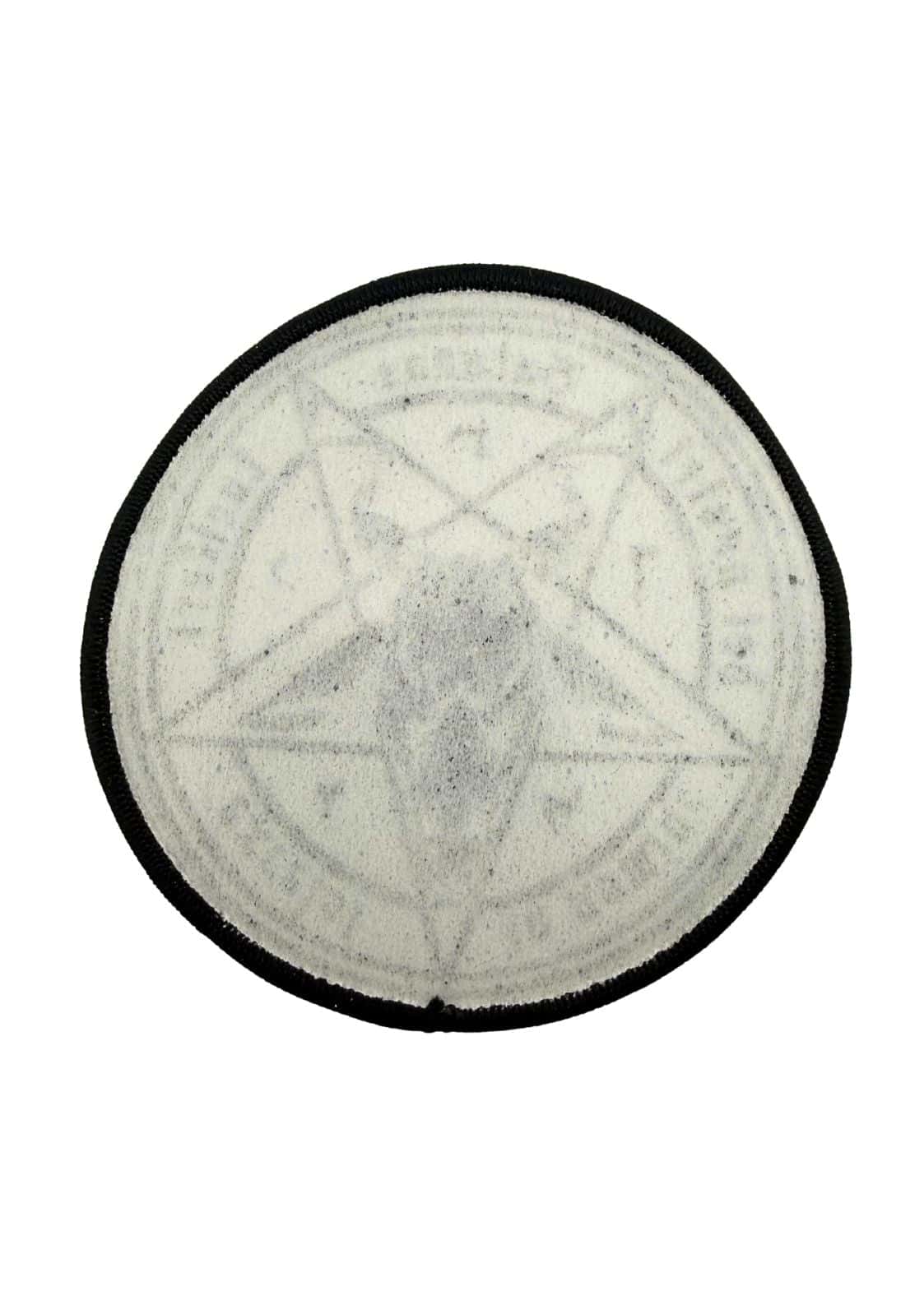 Satanas gothic aufnäher: Weißer Patch mit schwarzem Rand, Pentagramm und Prägung