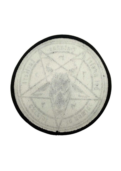 Satanas gothic aufnäher: Weißer Patch mit schwarzem Rand, Pentagramm und Prägung