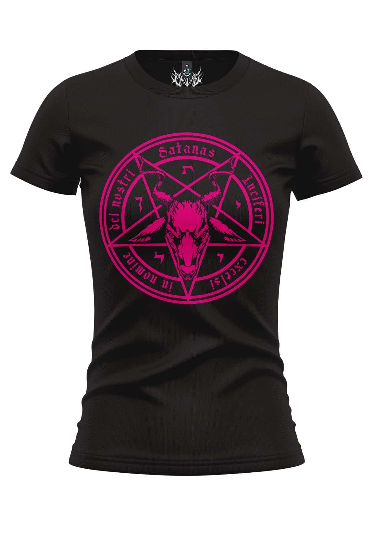Schwarzes T-Shirt für Frauen mit einem lebendigen pinken Pentagramm-Design mit Ziegenkopf und lateinischem Text.