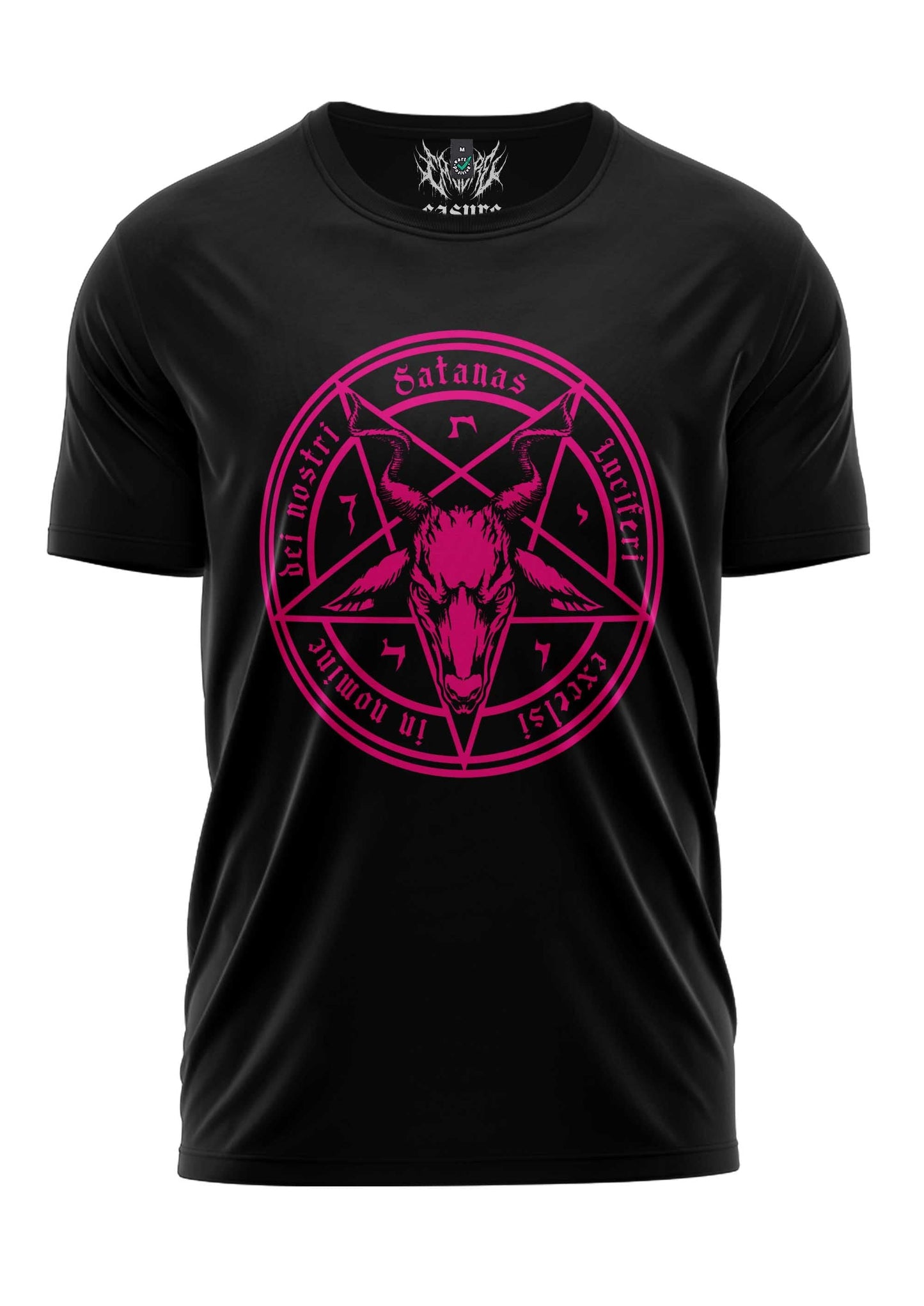 Schwarzes T-Shirt mit pinkem Pentagramm-Design und Text