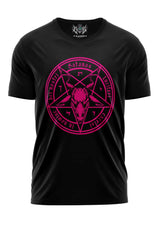Schwarzes T-Shirt mit pinkem Pentagramm-Design und Text