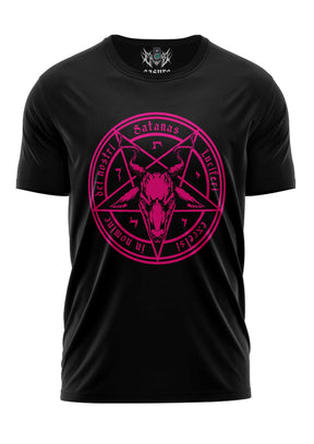 Schwarzes T-Shirt mit pinkem Pentagramm-Design und Text