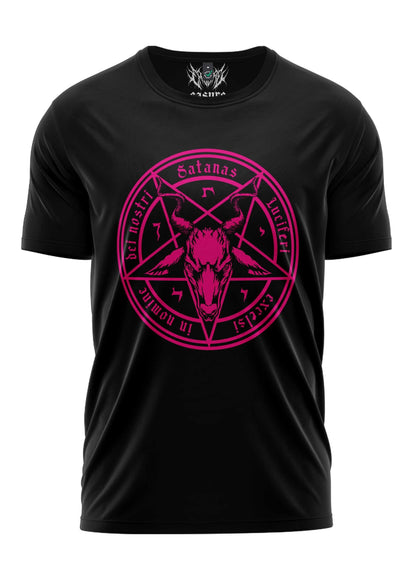 Schwarzes T-Shirt mit pinkem Pentagramm-Design und Text