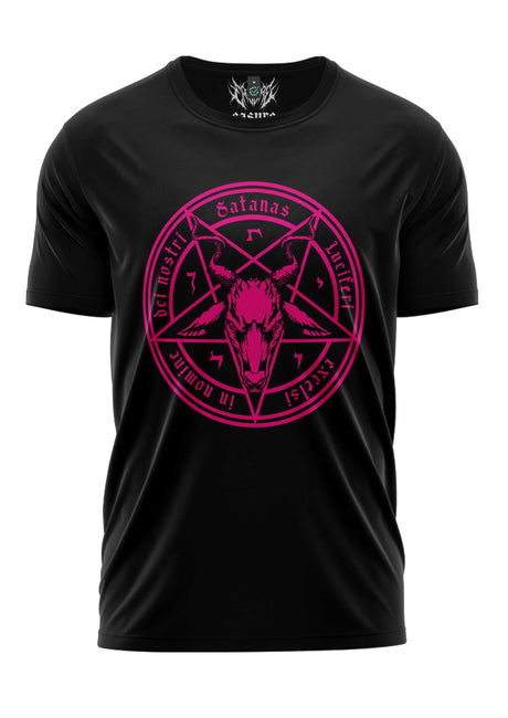 Schwarzes T-Shirt mit pinkem Pentagramm-Design und Text