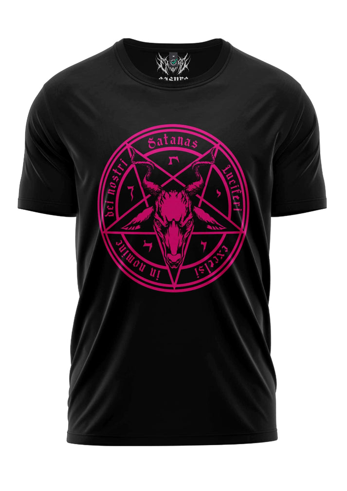 Schwarzes satanas pinky t-shirt mit pinkem pentagramm und text aus strapazierfähigem stoff von lizenzierte bekleidung ltd