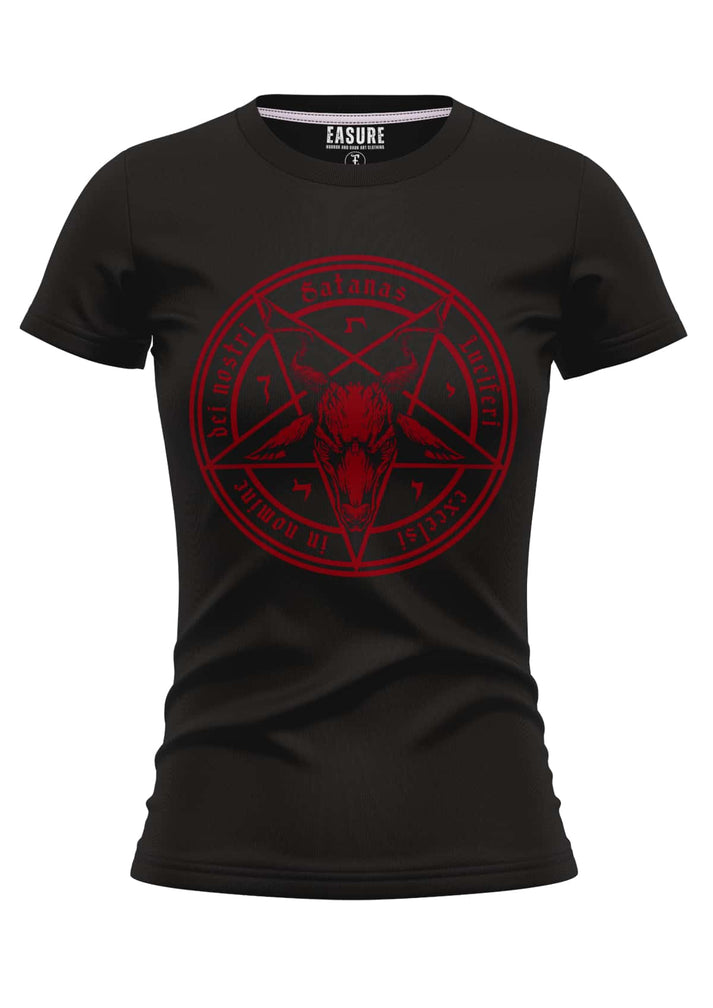 Schwarzes women t-shirt satanas red mit bold rotem pentagramm und ziegen-schädel aus strapazierfähigem stoff in weicher qualität