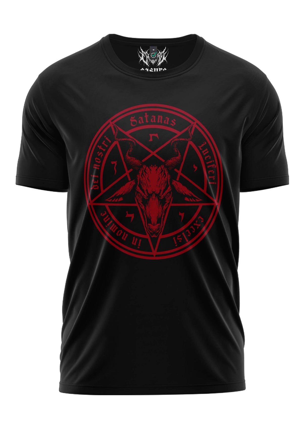 Schwarzes Gothic-Metal T-Shirt SATANAS RED mit rotem Pentagramm und Ziegenkopf