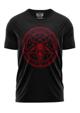 Schwarzes Gothic-Metal T-Shirt SATANAS RED mit rotem Pentagramm und Ziegenkopf