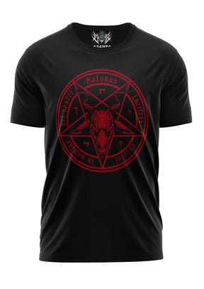 Schwarzes Gothic-Metal T-Shirt SATANAS RED mit rotem Pentagramm und Ziegenkopf