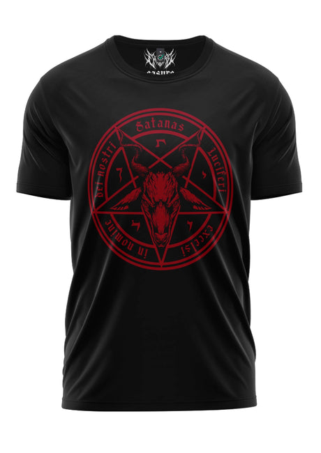 Schwarzes Gothic-Metal T-Shirt SATANAS RED mit rotem Pentagramm und Ziegenkopf