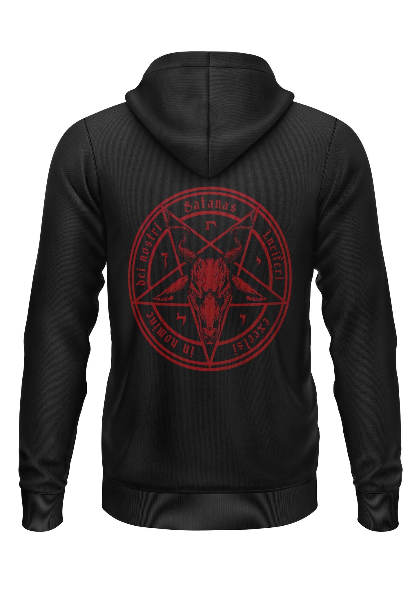 Schwarzer Zip-Hoodie SATANAS RED mit rotem Pentagramm, Ziegen-Schädel, lateinischem Text und Okkultsymbolen aus recyceltem Polyester, strapazierf