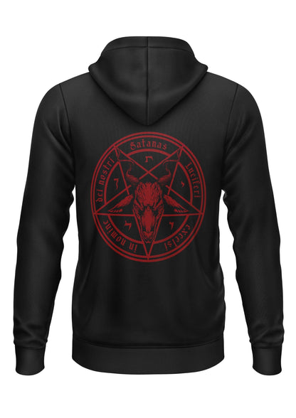 Schwarzer Zip-Hoodie SATANAS RED mit rotem Pentagramm, Ziegen-Schädel, lateinischem Text und Okkultsymbolen aus recyceltem Polyester, strapazierf