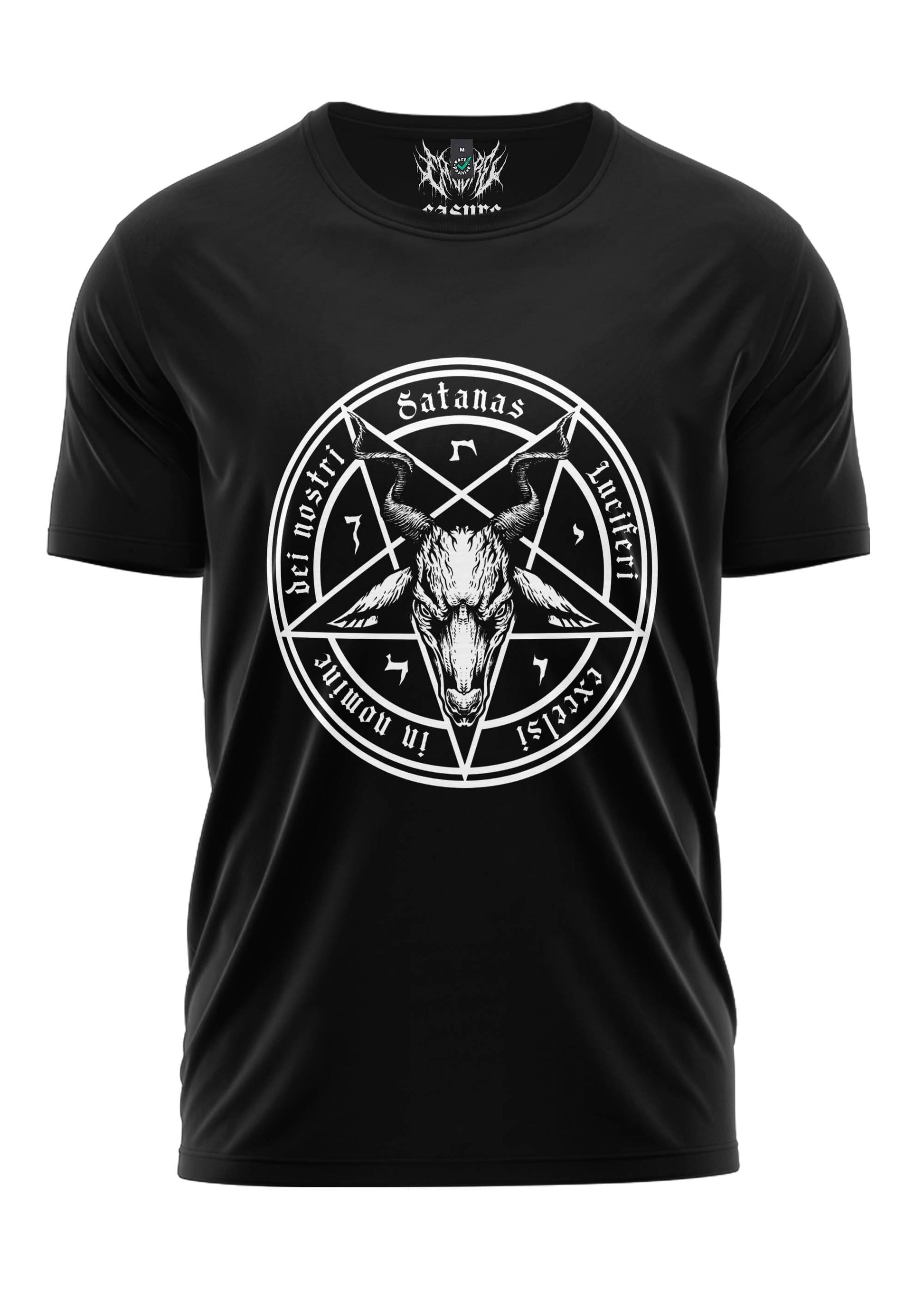 Schwarzes Gothic-Metal T-Shirt SATANAS mit weißem Pentagramm, Ziegenkopf und Lateintext