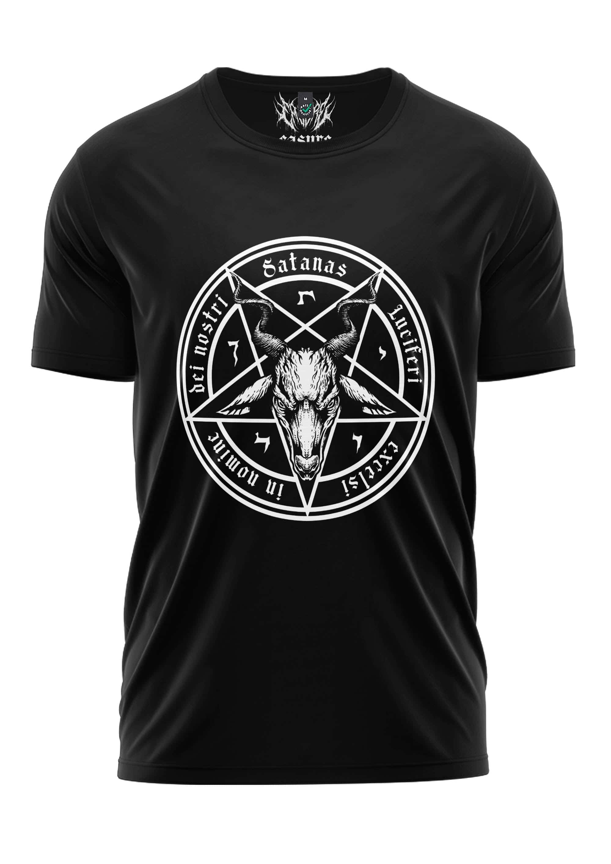 Schwarzes Gothic-Metal T-Shirt SATANAS mit weißem Pentagramm, Ziegenkopf und Lateintext