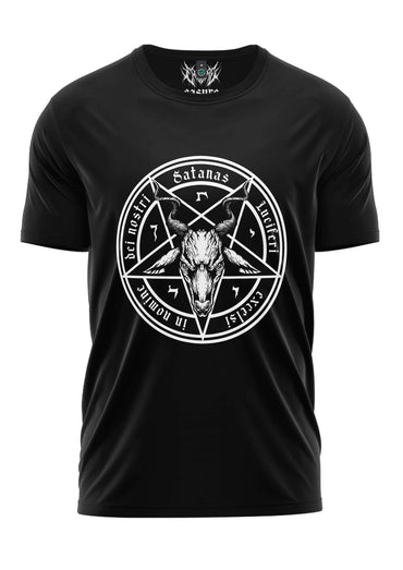 Schwarzes gothic horror shirt satanas mit weißem pentagramm und geißkopf samt lateinischem schriftzug aus baumwolle
