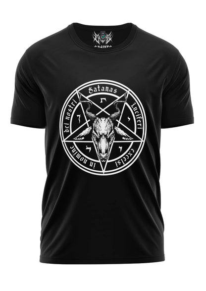 Schwarzes Gothic-Metal T-Shirt SATANAS mit weißem Pentagramm, Ziegenkopf und Lateintext