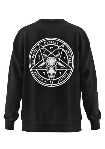 Schweres unisex-sweatshirt satanas in schwarz mit weißem pentagramm und latainischer schrift aus strapazierfähigem recyceltem polyester
