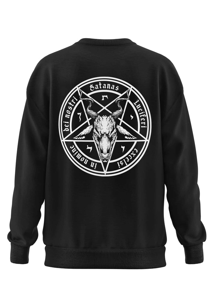 Schweres unisex-sweatshirt satanas in schwarz mit weißem pentagramm und latainischer schrift aus strapazierfähigem recyceltem polyester