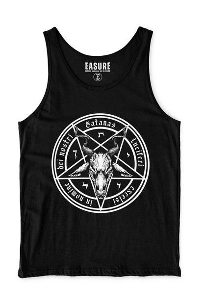 Schwarzes Tanktop mit weißem Pentagramm- und Totenkopfmotiv.