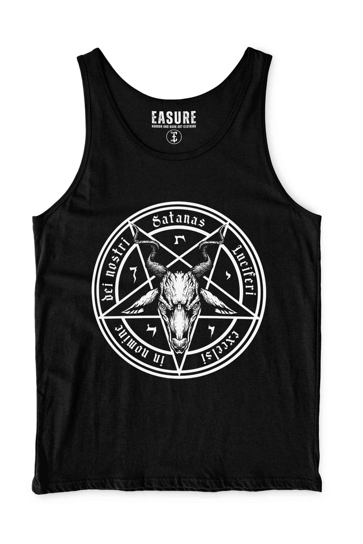 Schwarzes satanas tanktop mit weißem pentagramm und schädel aus strapazierfähigem stoff gaia lizenziert