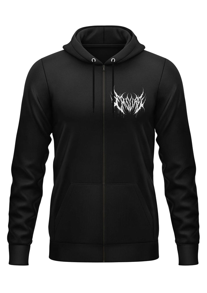 Schwarzer satanas zipper hoodie mit weißem gothic horror grafikdruck auf der brust aus bitte material