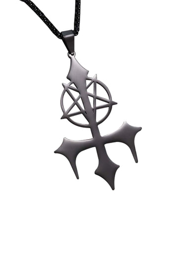 Schwarze schildpatt halskette mit satanic cross black design aus metall und pentagramm in der mitte