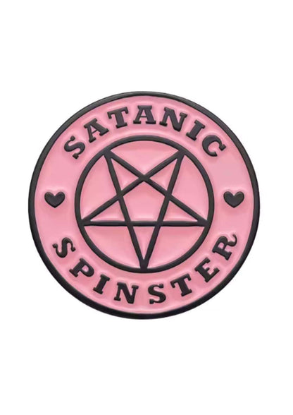 Pink satanic spinster pin with bat pentagram, black border and hearts, gothic rubber patch for horror fans