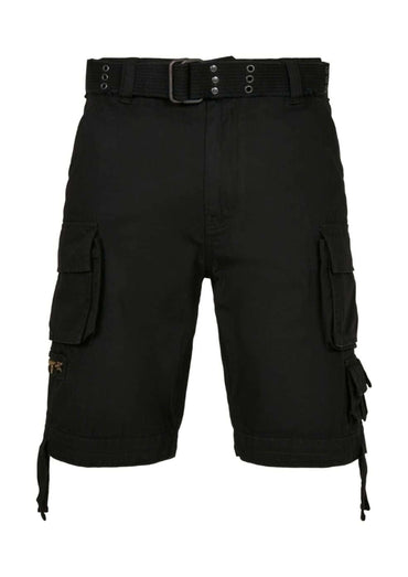 Brandit savage vintage cargo short in black with multiple pockets side ties and matching belt with silver hardware