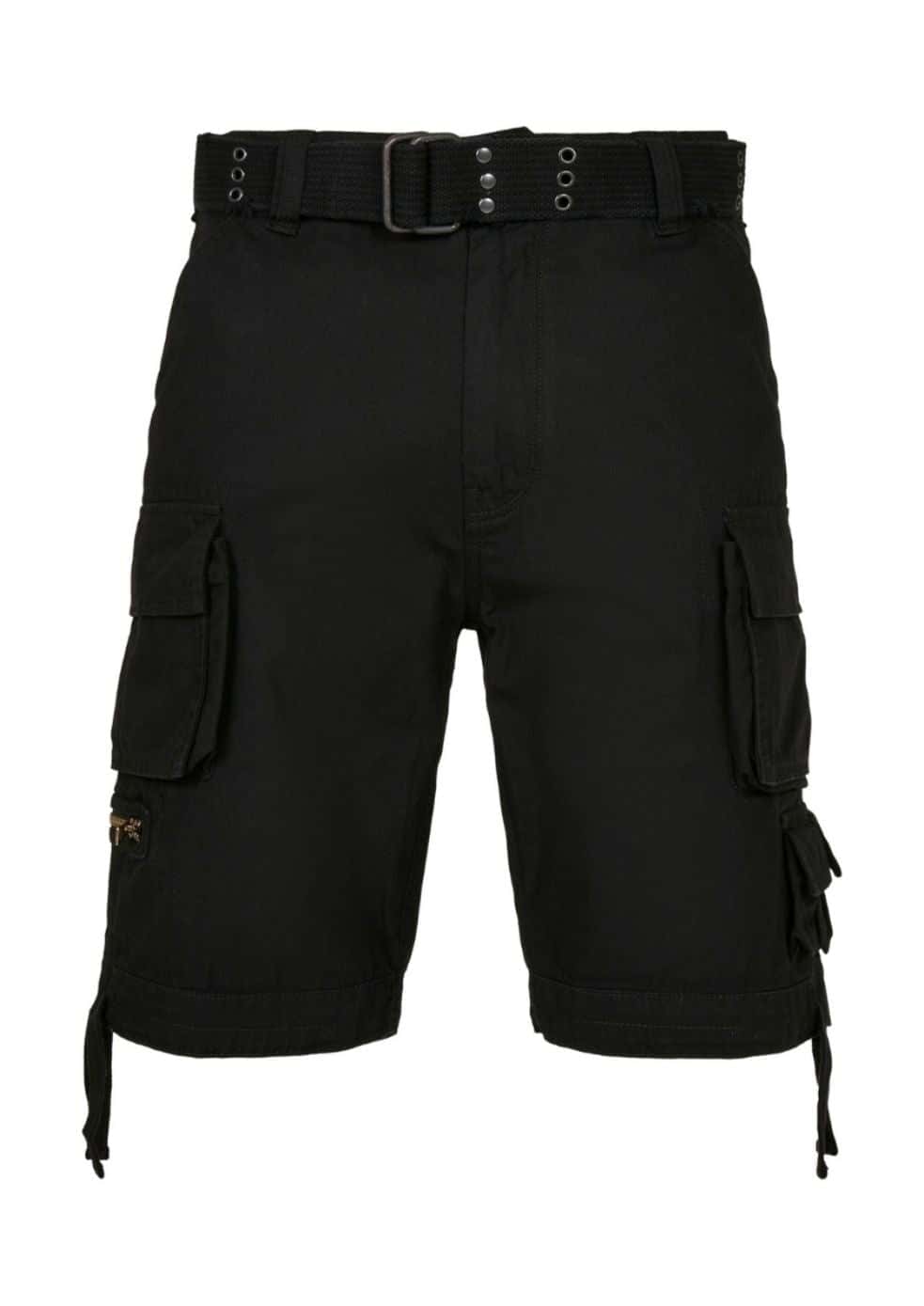 Schwarze Cargoshorts mit mehreren Taschen, Seitentüten und einem passenden Gürtel mit silberfarbenem Metallbesatz.