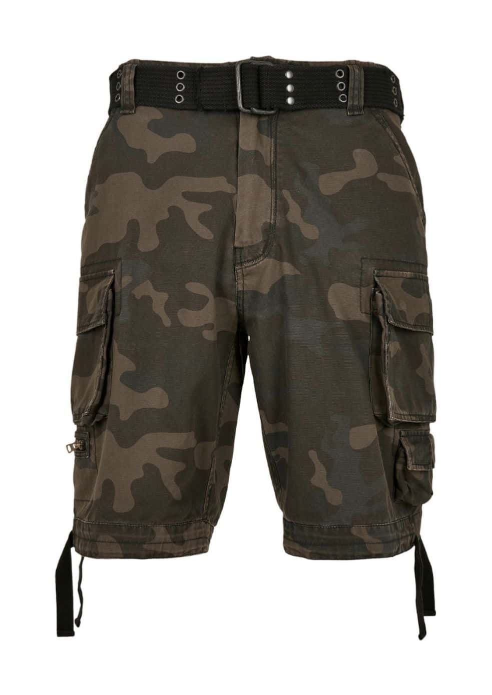 Dunkelgrüne und braune Tarnkargo-Shorts mit mehreren Taschen, schwarzen Gürtelschlaufen und verstellbaren Kordelzügen am Saum.