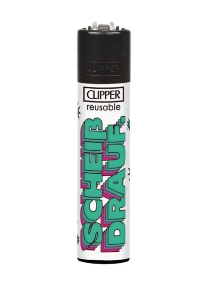 Weißes nachfüllbares clipper feuerzeug mit boldem teal und magenta graffiti schriftzug scherdr im gothic horror style