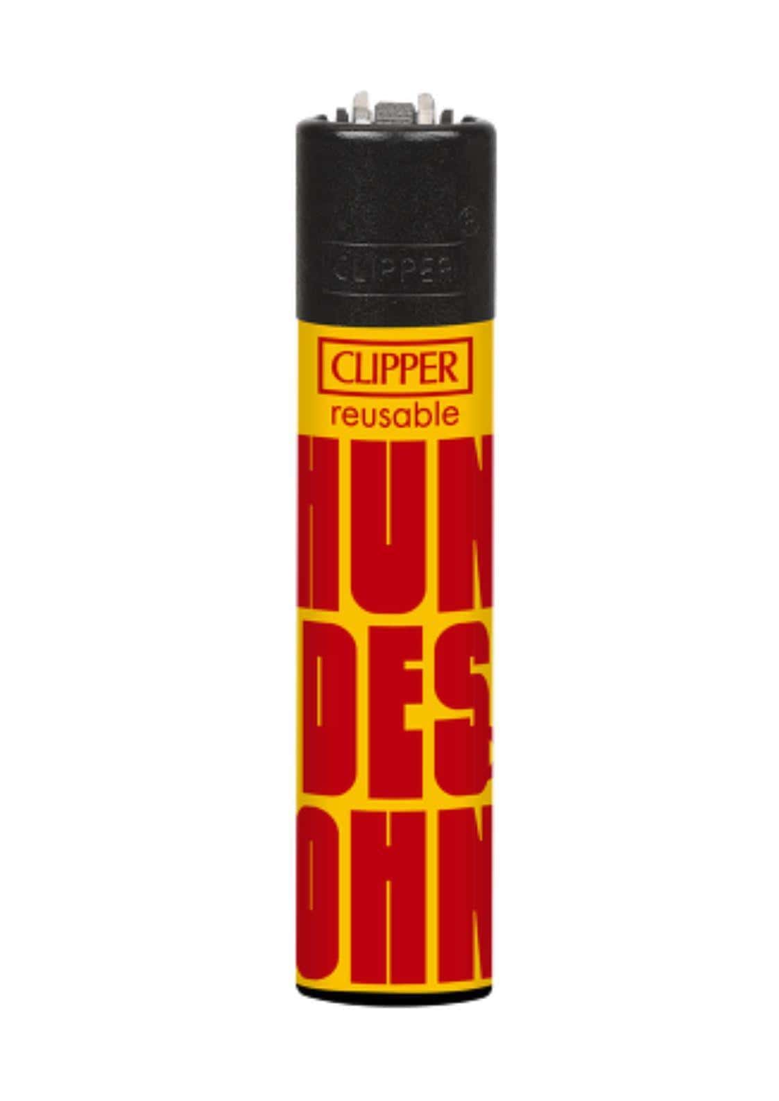 Ein vibrant gelb und rot hundesohn clipper feuerzeug mit schwarzem oberteil und fetter schrift ideal für gothic kleidung fans