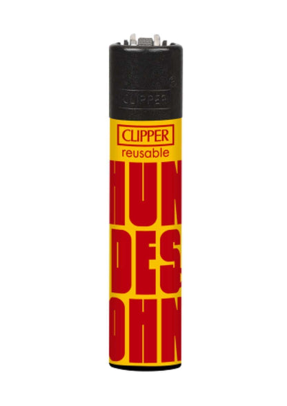 Ein vibrant gelb und rot hundesohn clipper feuerzeug mit schwarzem oberteil und fetter schrift ideal für gothic kleidung fans
