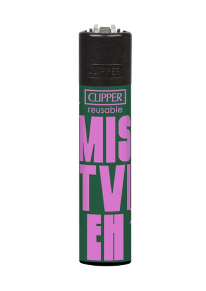 Ein grün-pinkes clipper feuerzeug aus der schimpftiere serie mit bold lettering für gothic kleidung fans