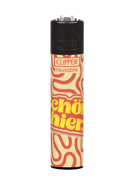 Vibrantes rotes und cremefarbenes clipper feuerzeug mit wellenmuster und gelbem chö schriftzug im schön hier set ideal für gothic und dark fashion fans